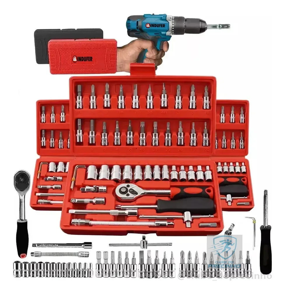 Kit Chave Catraca Soquete 46 Peças Indufer em Cromo Vanádio, para Manutenção de Carros e Motos