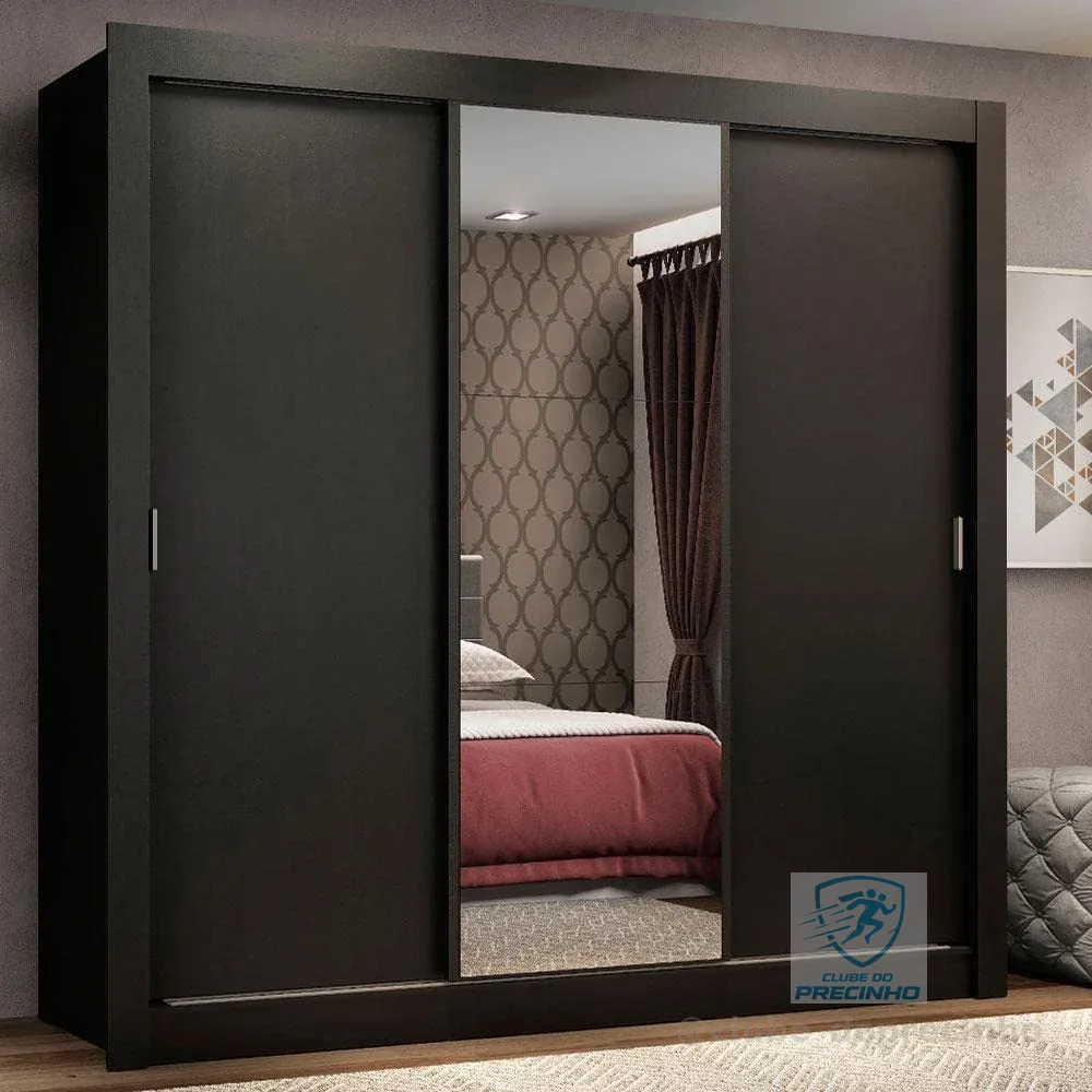 Guarda Roupa Casal Madesa Mônaco 3 Portas de Correr com Espelho - Preto