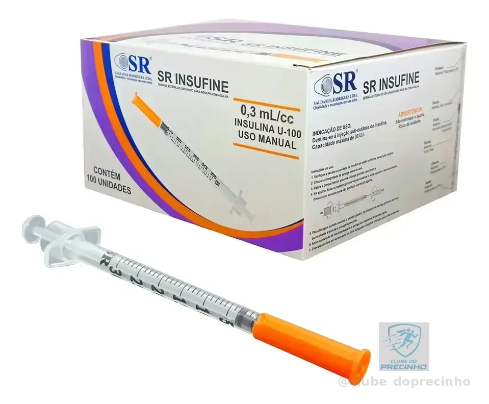 Kit 100un Seringa Insulina 0,3ml 6x0,25mm Agulha Fixa 31g Sr