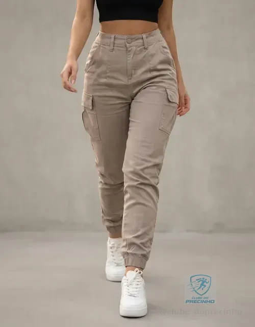 Calça Cargo Jogger Jeans Feminina Cintura Alta Com Lycra