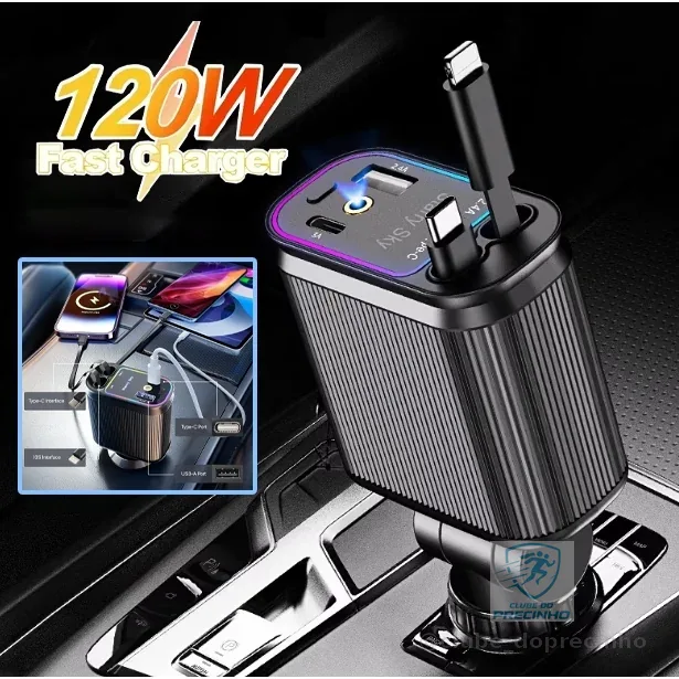 Carregador de carro retrátil com luz LED, carregador de carro rápido 4 em 1 de 120 W Super turbo para iPhone e Android