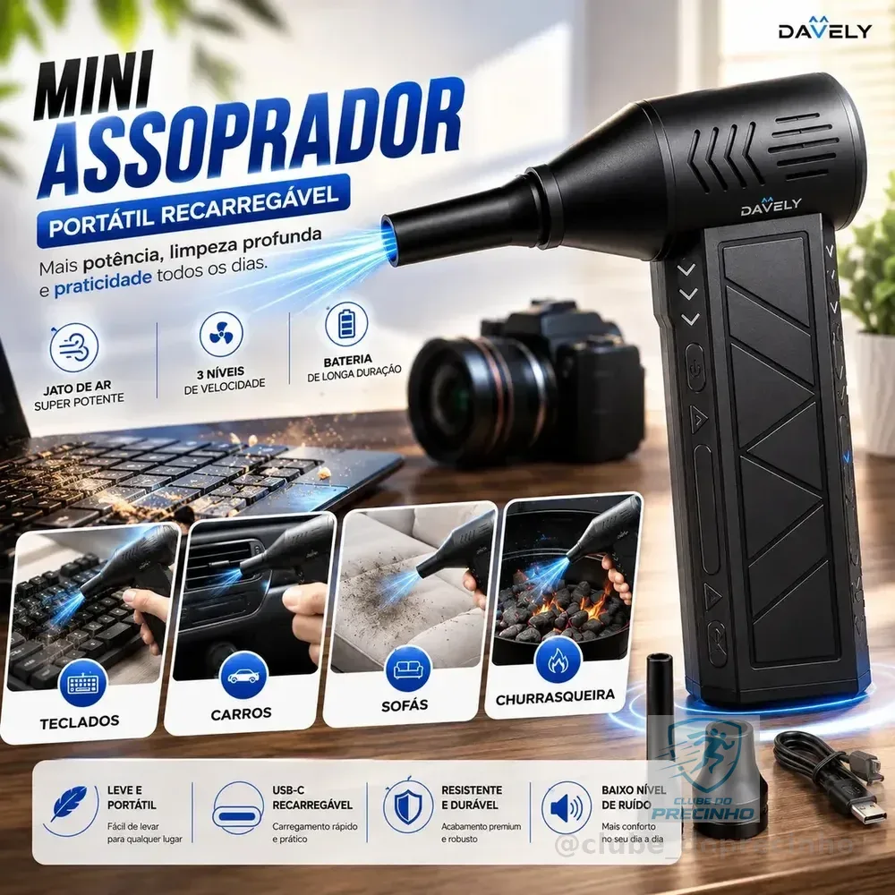 Mini Ventilador Soprador Ar Turbo 130000rpm Assoprador Sem Fio Recarregável Usb 3 Níveis Jato Forte Portátil Multiuso Limpeza Teclado Carro Acende Churrasqueira Davely