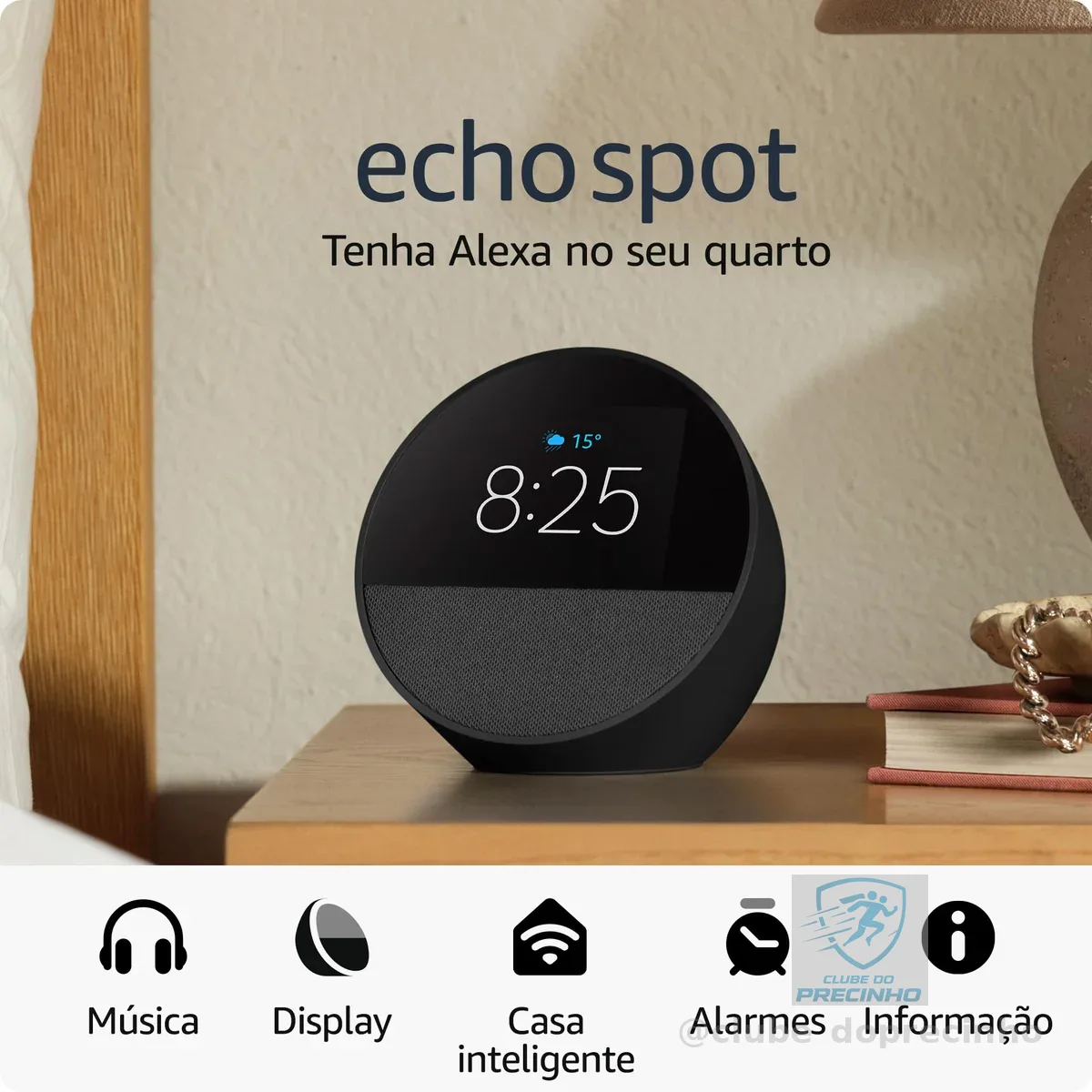 Echo Spot com Alexa (Geração mais recente) | Despertador inteligente com som vibrante | Cor Preta, com Acesso Antecipado à Alexa+