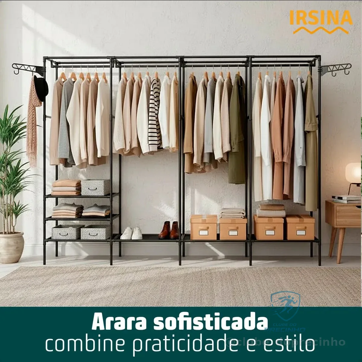 Guarda Roupa Cabideiro Organizador Closet Aberto Desmontavel Arara Divisórias 10 Prateleiras Aço Resistente Preto Irsina