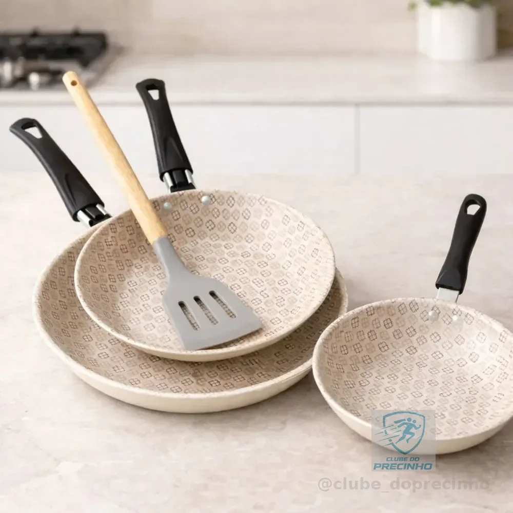 Jogo 4pcs Frigideiras Antiaderentes 14cm 18cm 22cm Espatula Creme