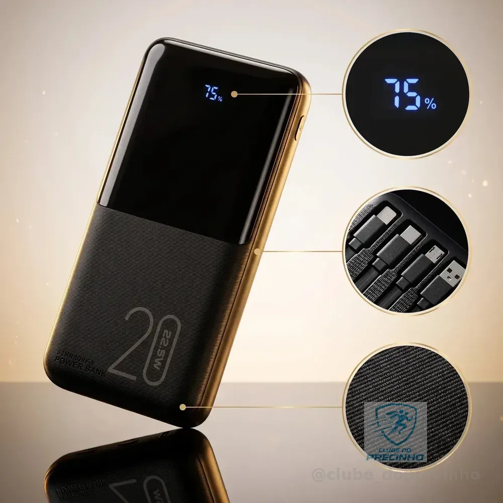 Power Bank 20000mAh Turbo 22,5W Carga Rápida 10V De Saída Com 4 Cabos Integrados Display De Nível De Bateria Alça Para Transporte Lanterna LED Proteção Contra Sobrecarga Carregador Portátil Preto