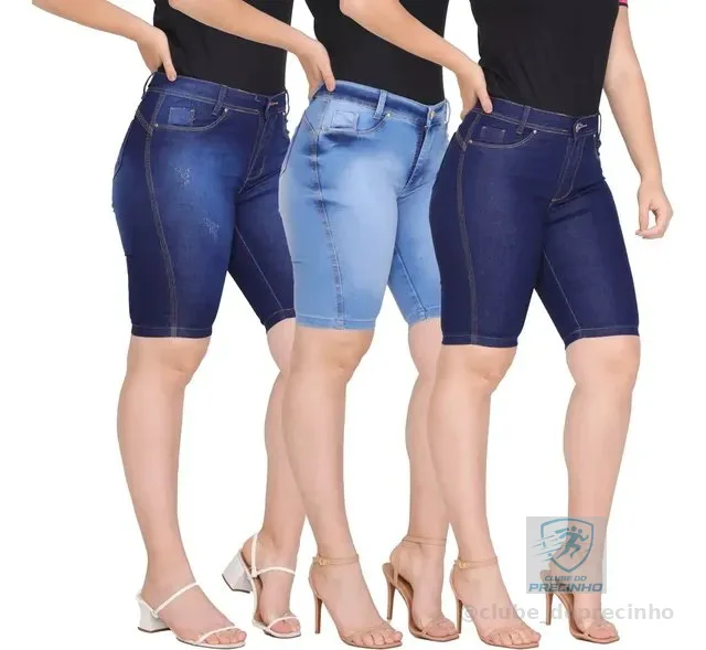 Kit 3 Bermudas Jeans Feminino Cintura Alta Lycra