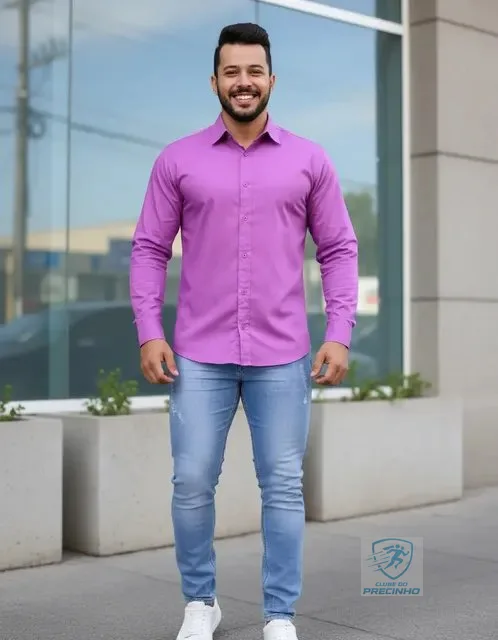 Camisa  Slim Social Masculina Manga Longa Adulto Promoção