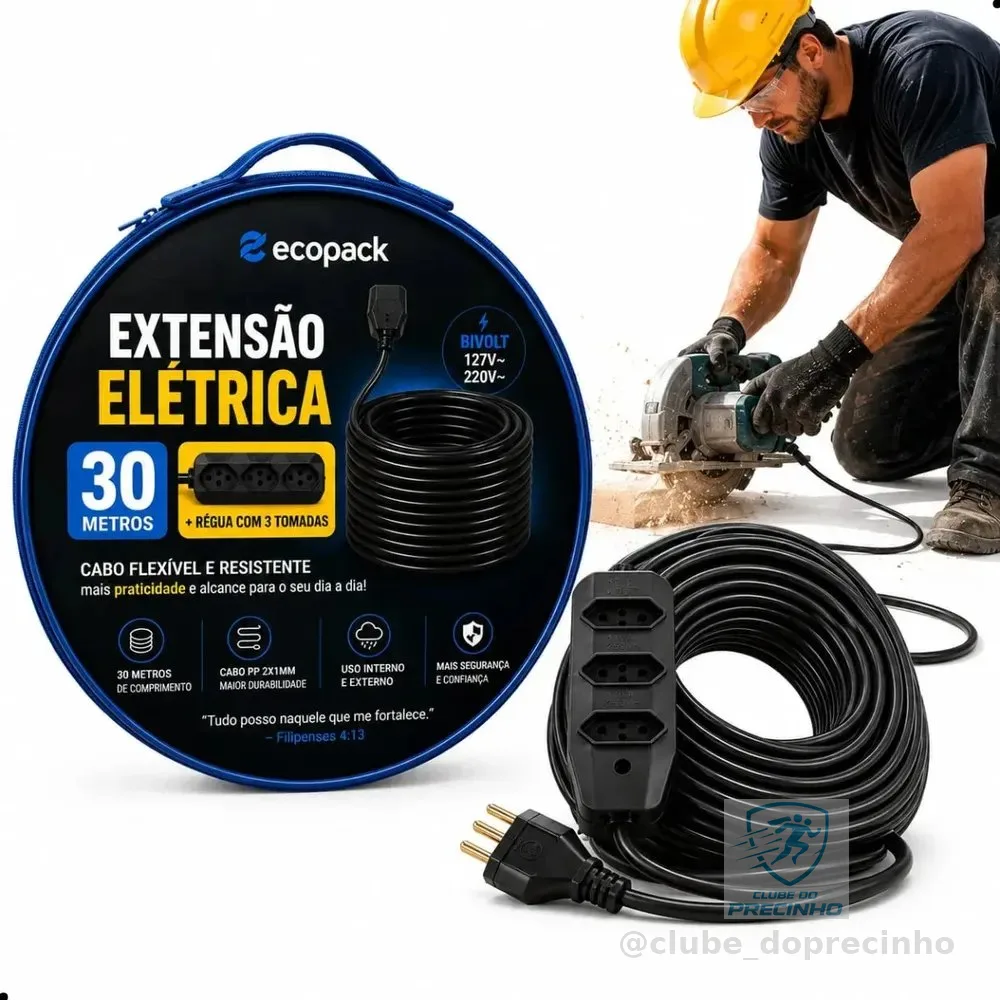 Extensão Elétrica 2x2,5mm de 30 Metros Reforçada 3 Tomadas Bivolt 10a 20a Cabo Resistente Profissional Residencial Obra Oficina Alta Durabilidade