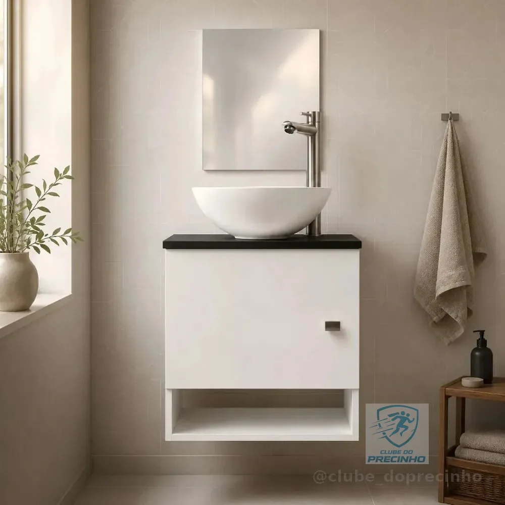 Gabinete Banheiro 40cm com Cuba Espelho Suspenso Branco Preto Lavabo Pia Lavatório Moveis