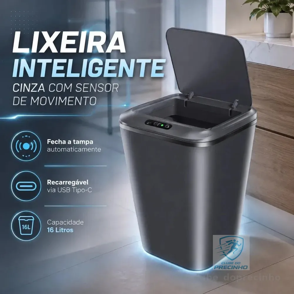 Lixeira Inteligente Automática Cinza Universal Com Sensor Recarregável Earman Company Anti Odor 16l Recarregável Usb