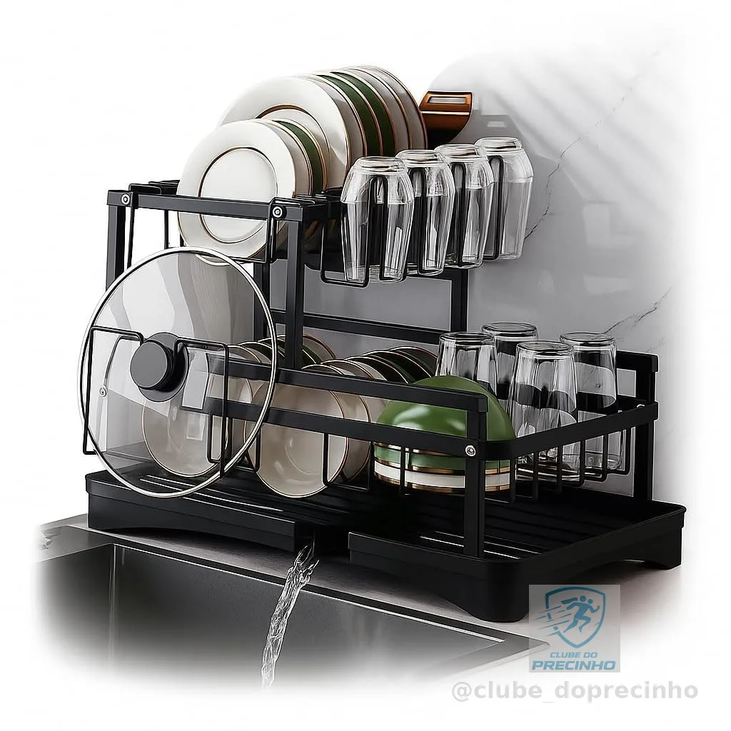 Escorredor de Louça em Aço Carbono Preto com Bandeja de Drenagem, Suporte para Copos, Talheres e Tábuas – Compacto, Resistente, Antiferrugem – Organizador de Pia Cozinha Moderna