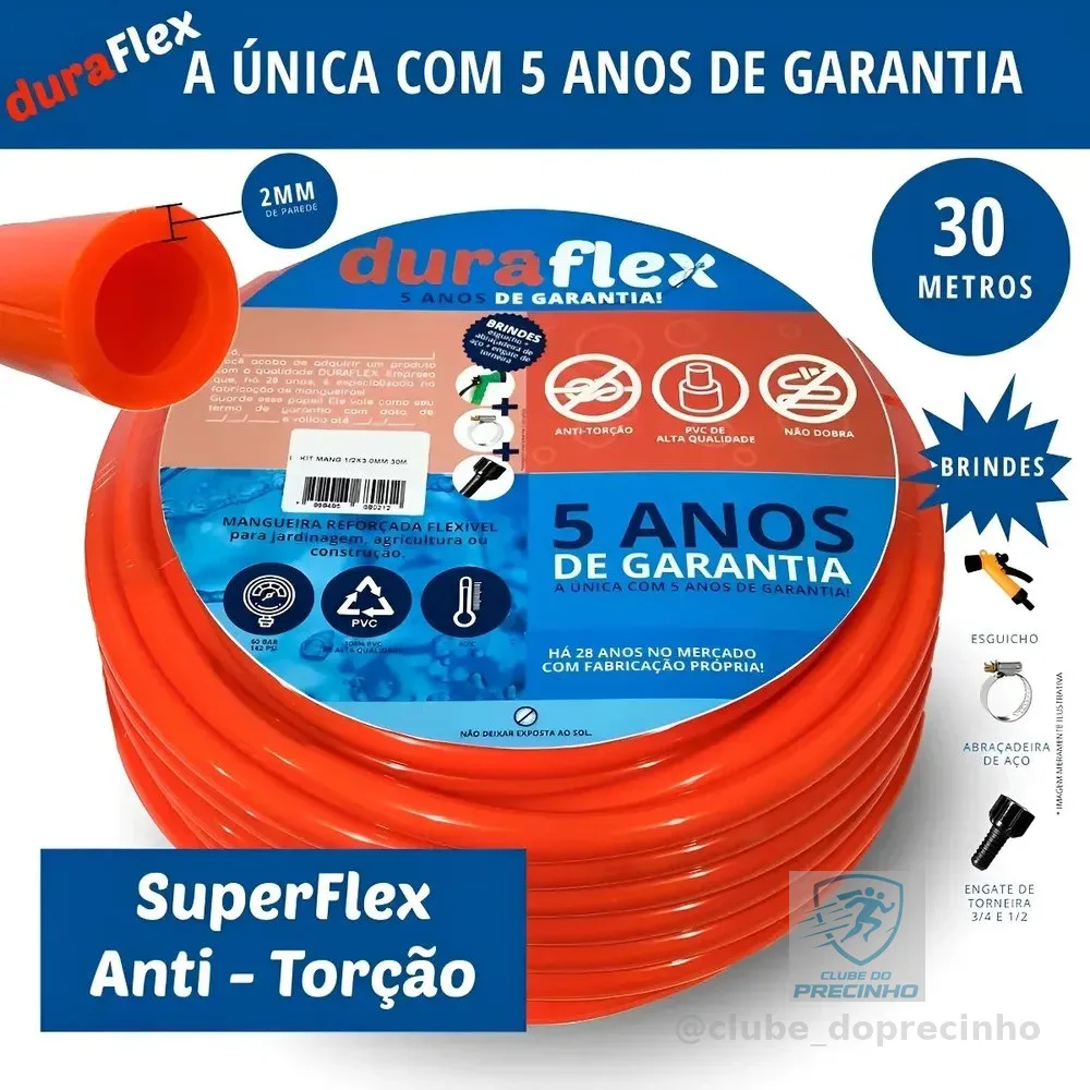 Mangueira de Jardim 30mts Duraflex Reforçada Ultra Resistente Laranja Siliconada AntiDobra