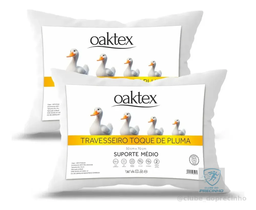 Kit 2 Travesseiros 70x50 Antialérgico Lavável Fibra Siliconada Toque de Pluma de Ganso Oaktex Cor Branco