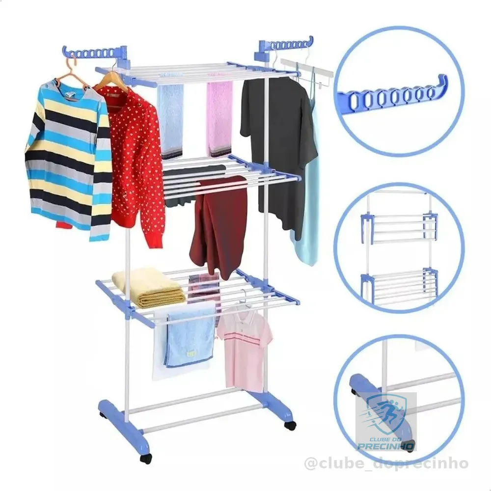 Varal De Chão Grande De Roupas 3 Andares Dobrável Cor Azul Kontuz 170 cm