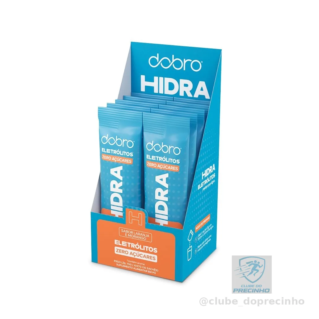 Eletrólitos, Dobro, Hidra, Suplemento em PóEletrólitos Essenciais com Vitaminas, Sabor Laranja e Morango - 10 Sachês de 7g