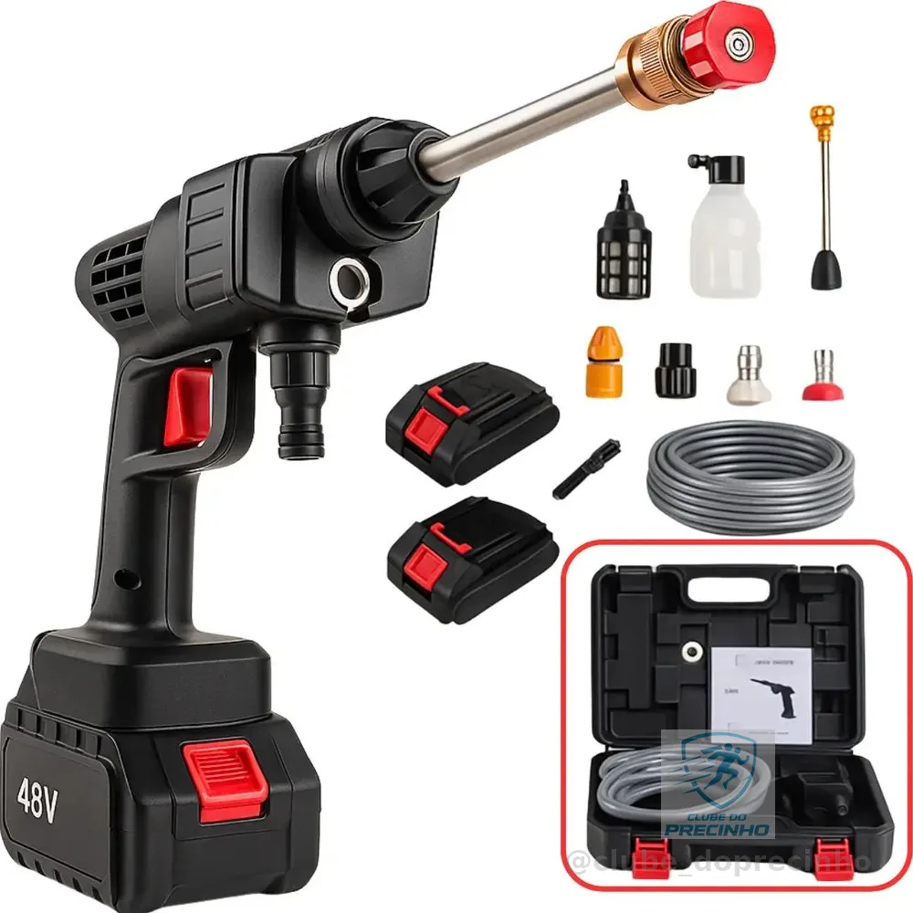 Lavadora Lava Jato Portátil Alta Pressão 2 Baterias Recarregáveis 48v Sem Fio Maleta Preto 50 Hz X 60 Hz