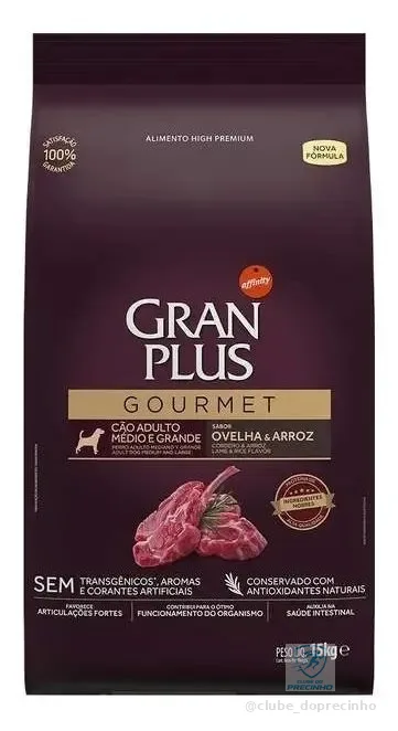 Gran Plus Gourmet Alimento para cão adulto de raça média e grande sabor ovelha e arroz em sacola de 15kg