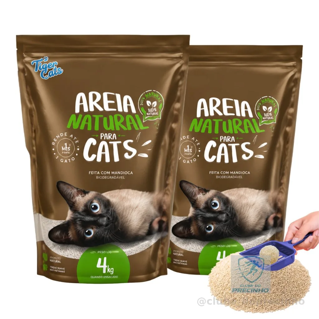 Kit 2 Areia Sanitária Higiênica pra Gatos Natural 100% Mandioca Biodegradável Tiger Cats 4kg Natural