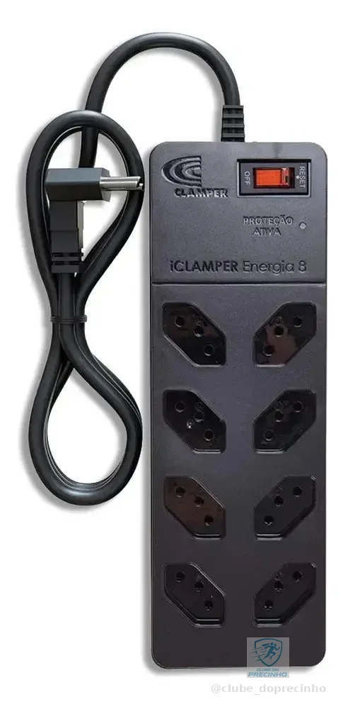 Filtro de Linha com Protetor de Surto DPS iCLAMPER Energia 8 Tomadas 3 Pinos 10 Amperes com Tecnologia LCF Anti Raio Cor Preto