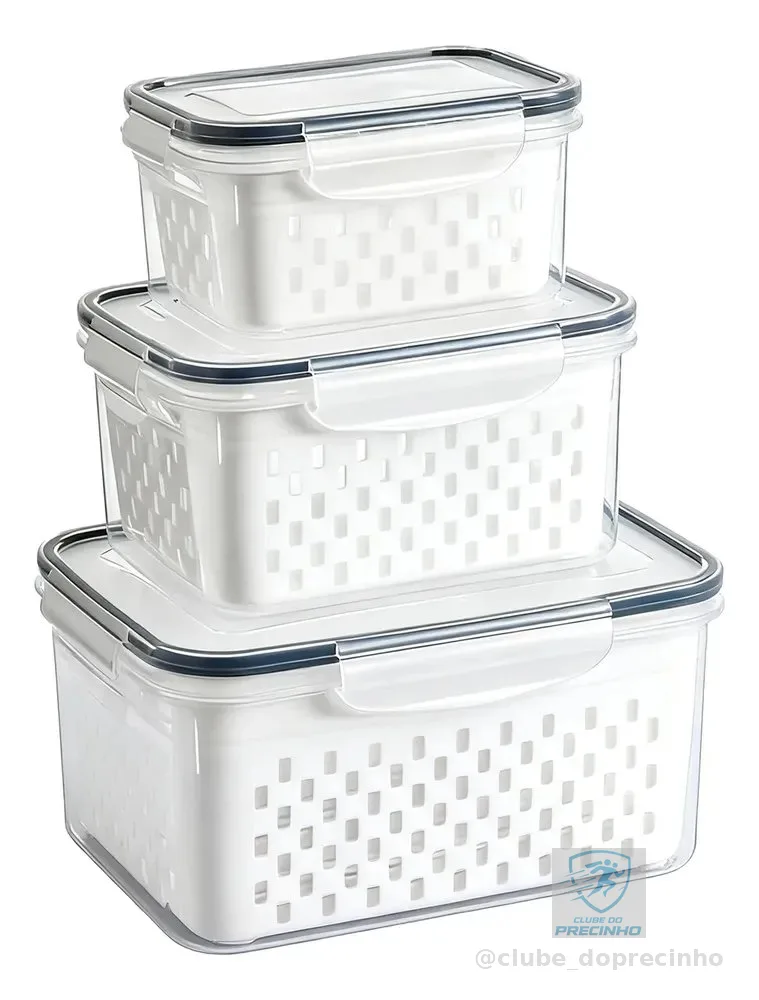 Kit 3 Organizadores Geladeira Alimentos Vegetais Com Tampas Branco
