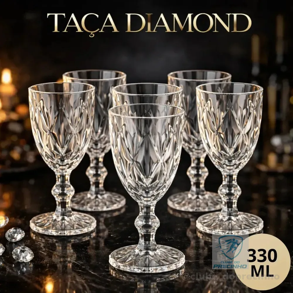 Kit 6 Taças Diamond 330ml Transparente Luxo Vidro Copo Diamante Cristal Suco Agua vinho - Star House