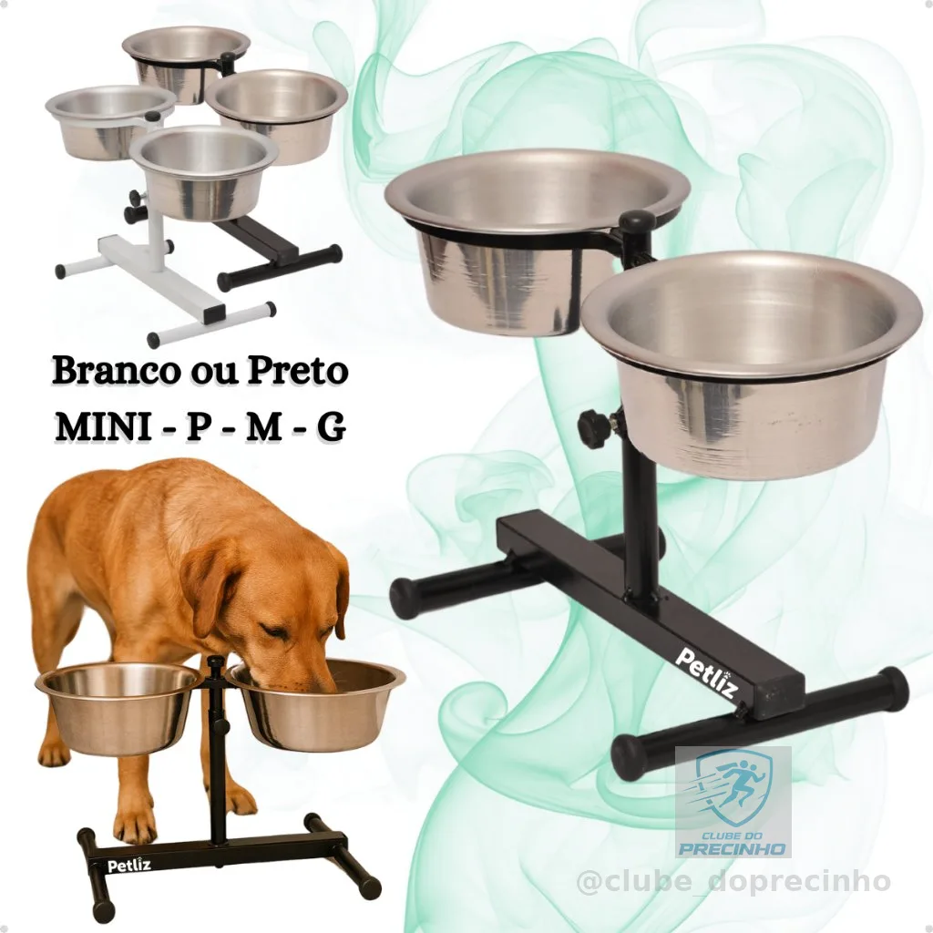 Comedouro Duplo Elevado Alto Ajustável Regulável pra Cachorro P, M, G e Mini Gatos/Filhotes - Petliz