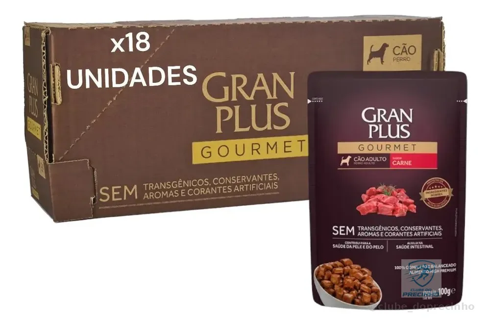 Sachê Gran plus Carne Cães Adultos caixa com 18 Sachês, 100g cada