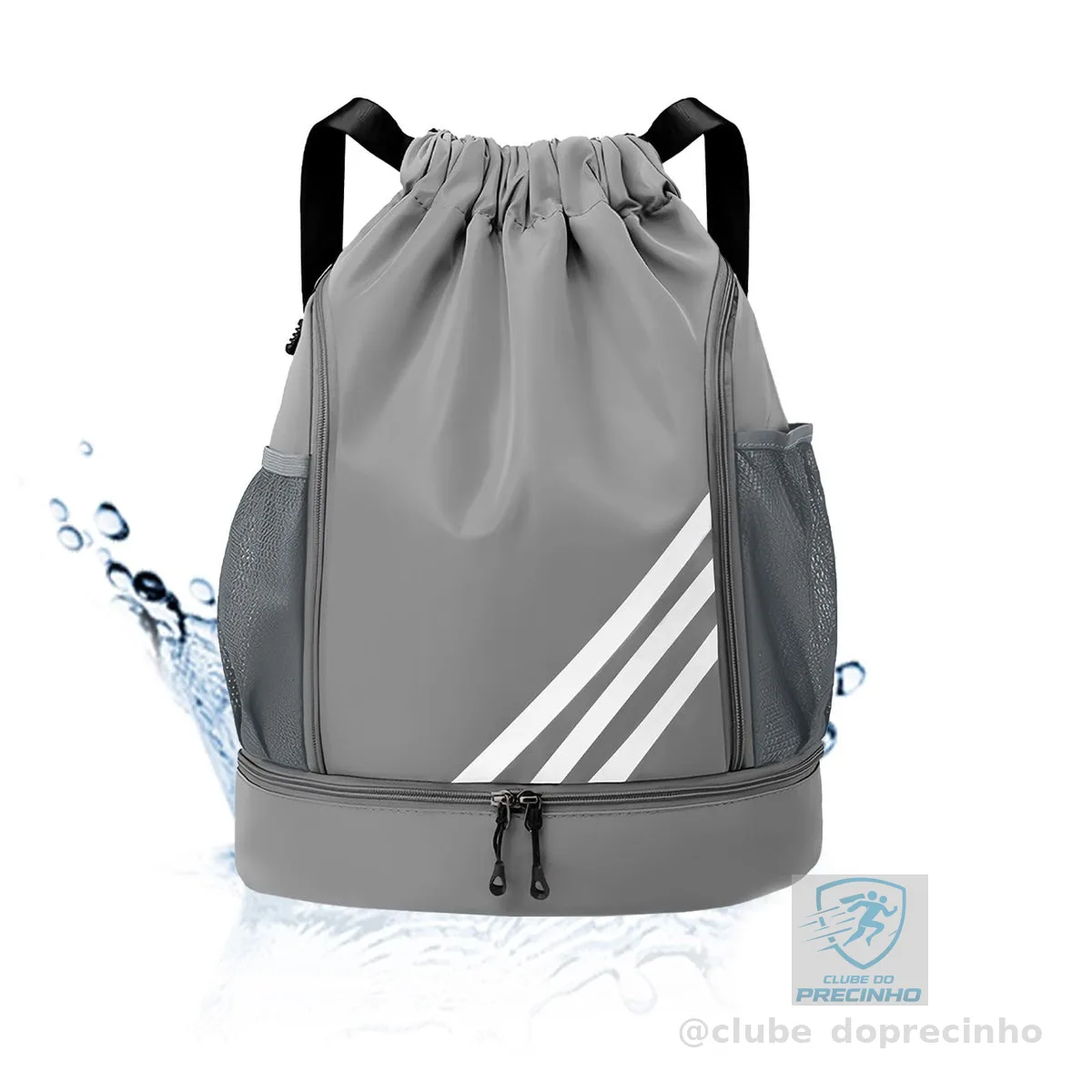 Mochila Esportiva com Cordão, Separação seca e húmida, Mochila de grande capacidade para viagens de lazer, Bolsos Laterais em Malha, Preto com Listras