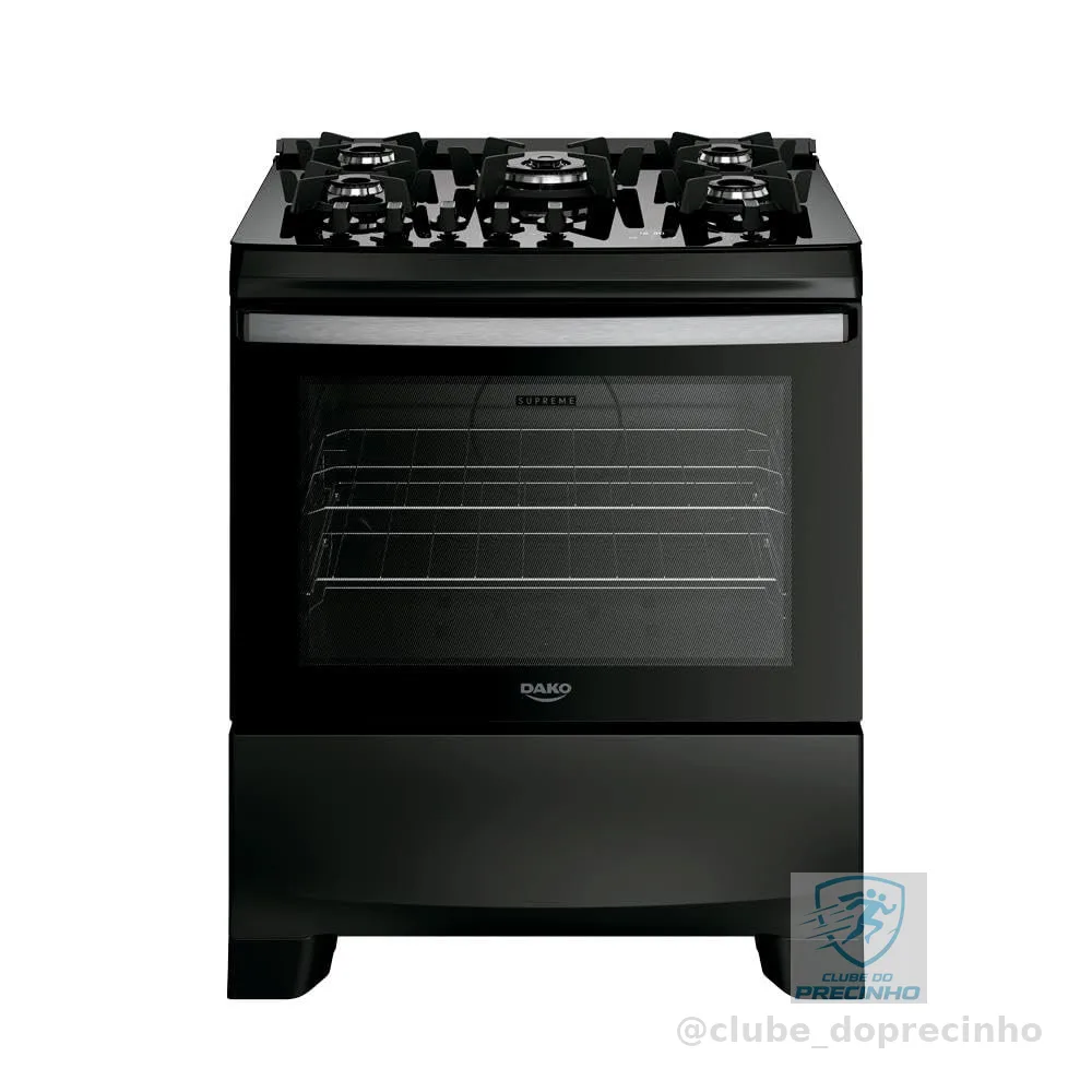 Fogão 5 Bocas Dako Supreme Black Glass com Timer Digital e Mesa de Vidro Preto Bivolt