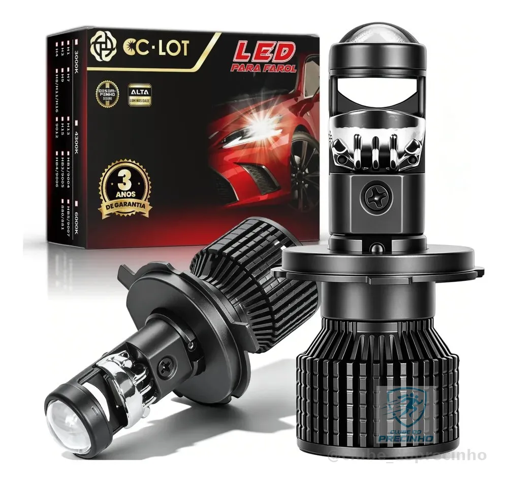 Kit Mini Projetor H4 Cc Lot Lampada Led Super Farol Carro H4 Preto Branco-frio