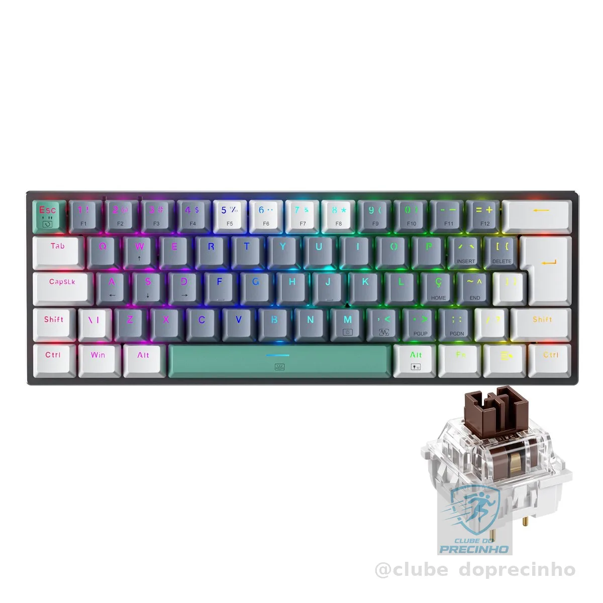 Teclado Mecânico Gamer Machenike K500-B61, RGB Switch Brown, HotSwap, Cinza e Branco C/Fio PTBR
