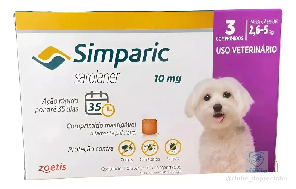 Simparic 10mg C/ 3 Comprimidos Para Cães 2,6kg A 5kg Proteção Completa Antipulgas E Carrapatos