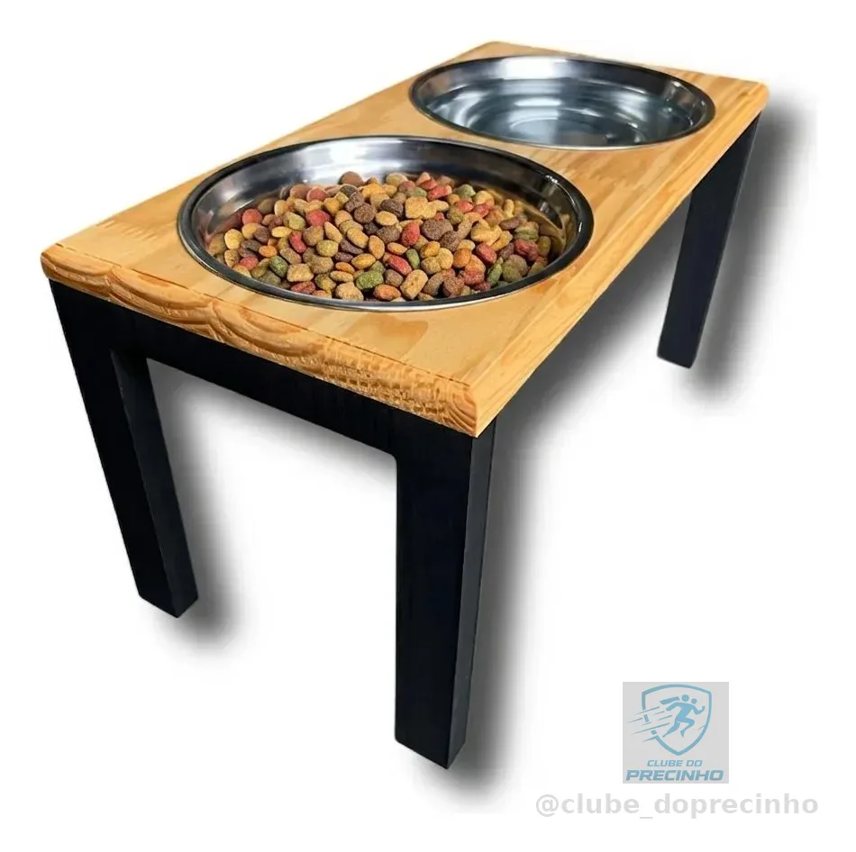 Comedouro Alto Duplo Tigelas Inox Para Cachorro Grande Madeira