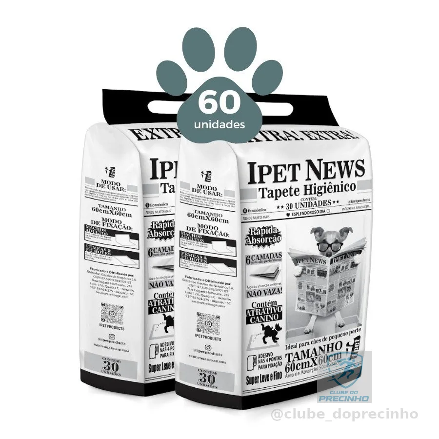 Tapete Higiênico Várias Unidades Ipet News 60x60 6 Camadas Nao Vaza