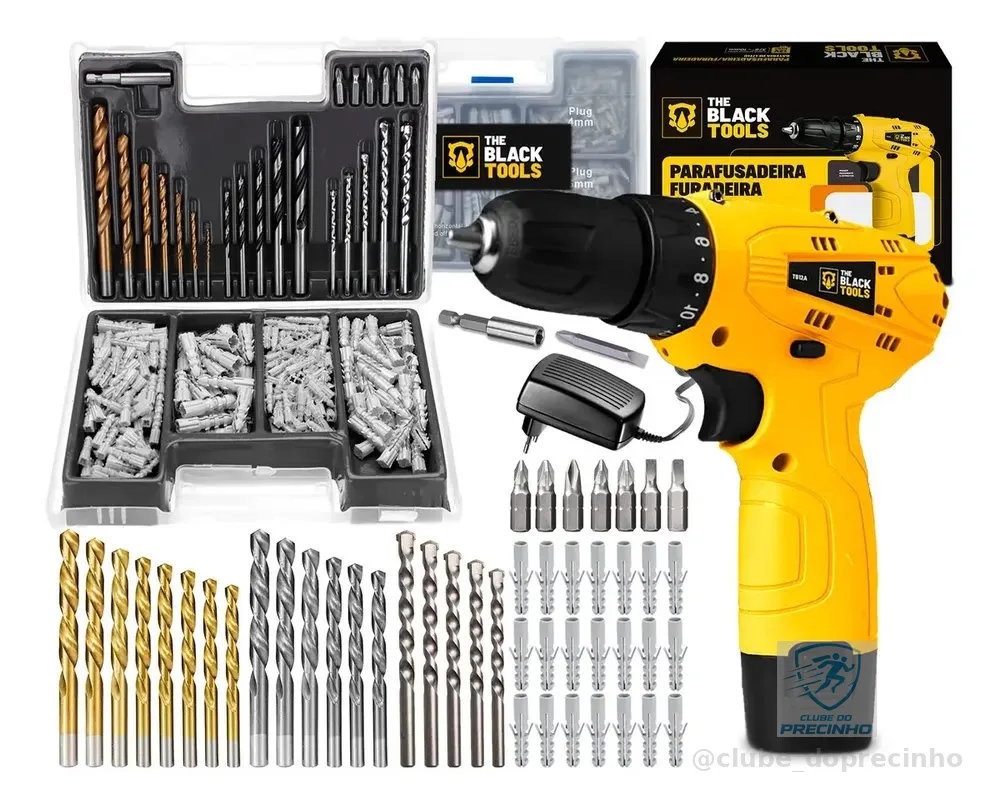 Furadeira Parafusadeira A Bateria 12V 3/8” 10mm Bivolt 350 Rpm The Black Tools + Jogo De Brocas Bits Buchas C/ 300 Peças