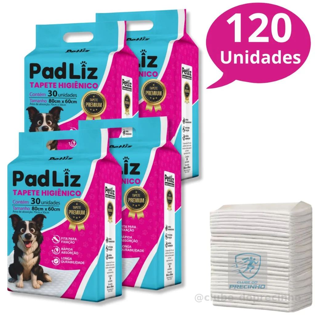 Kit 4 Tapete Higiênico para Cachorro Padliz 80 x 60 cm 120 Unidades - Petliz