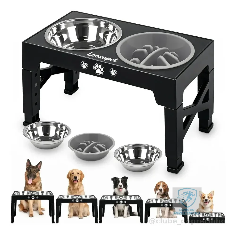 Comedouro Bebedouro Elevado Cães Duplo Lento Inox Grandes Ajustável Looxopet Preto