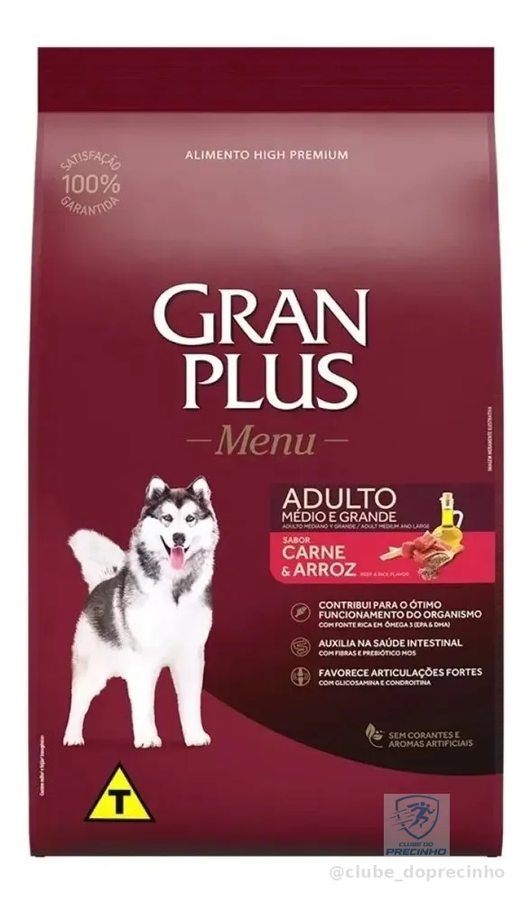 Ração Gran Plus Menu Cão Adulto Médio e Grande Carne Arroz 15kg