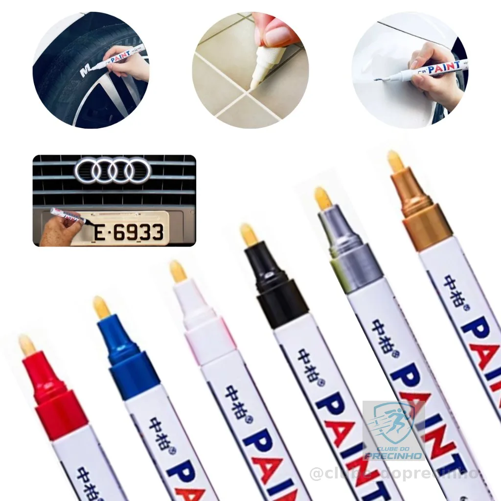 Caneta Paint Original Reparadora Pintura Automotiva Permanente Não Sai Na Água Tira Riscos Carro Moto Retoque de Placa Tênis Pneus para Ferro Metal Madeira Plástico Gesso Vidro Couro Tecido Cores Preto Branco Prata (Cinza) Dourado Azul Vermelha