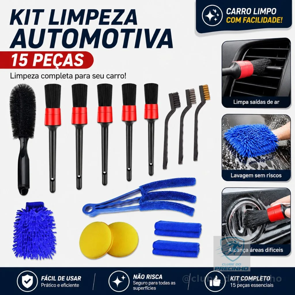 Kit 15 Peças Lavagem Automotiva Esponja + Escova + Flanela 30x40cm + Aplicador de Cera + Luva Microfibra + Pincel