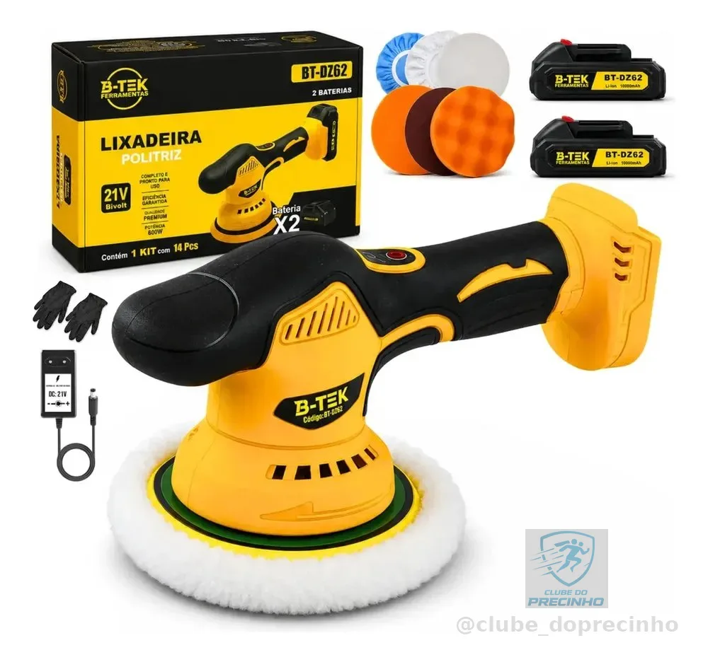 Politriz Roto Orbital a Bateria 21V Velocidade Variável 600W Estética Automotiva B-Tek BT-DZ62 | Kit Boinas Prato Polimento Carro Máquina de Polir 2 Baterias Sem Fio Brushless 2000-5000rpm Lustro