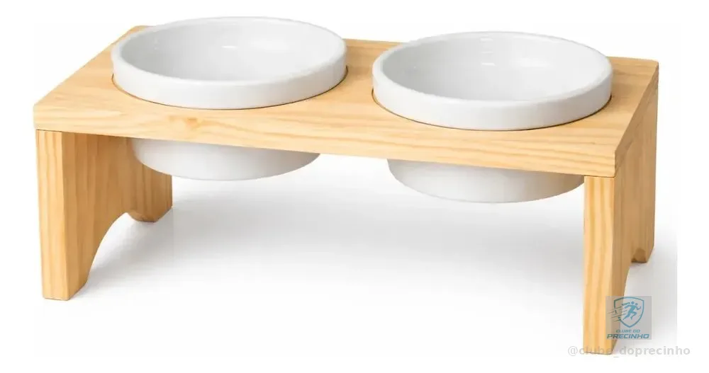 Comedouro Pet Suporte Madeira Tigela Porcelana Cachorro Gato Branco