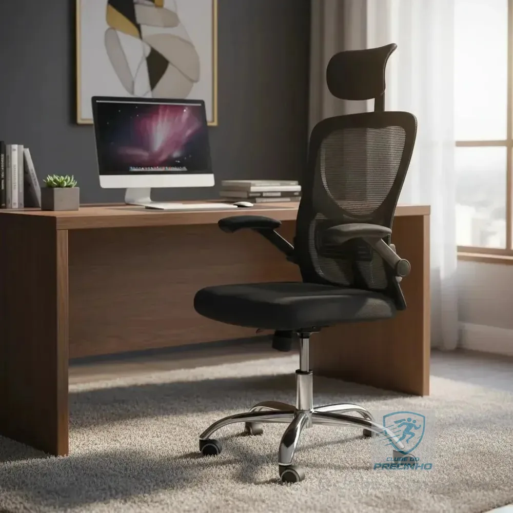 Cadeira De Escritório Ergonômica Ravena Apoio Lombar E Nuca Preto Espuma, Mesh Respirável
