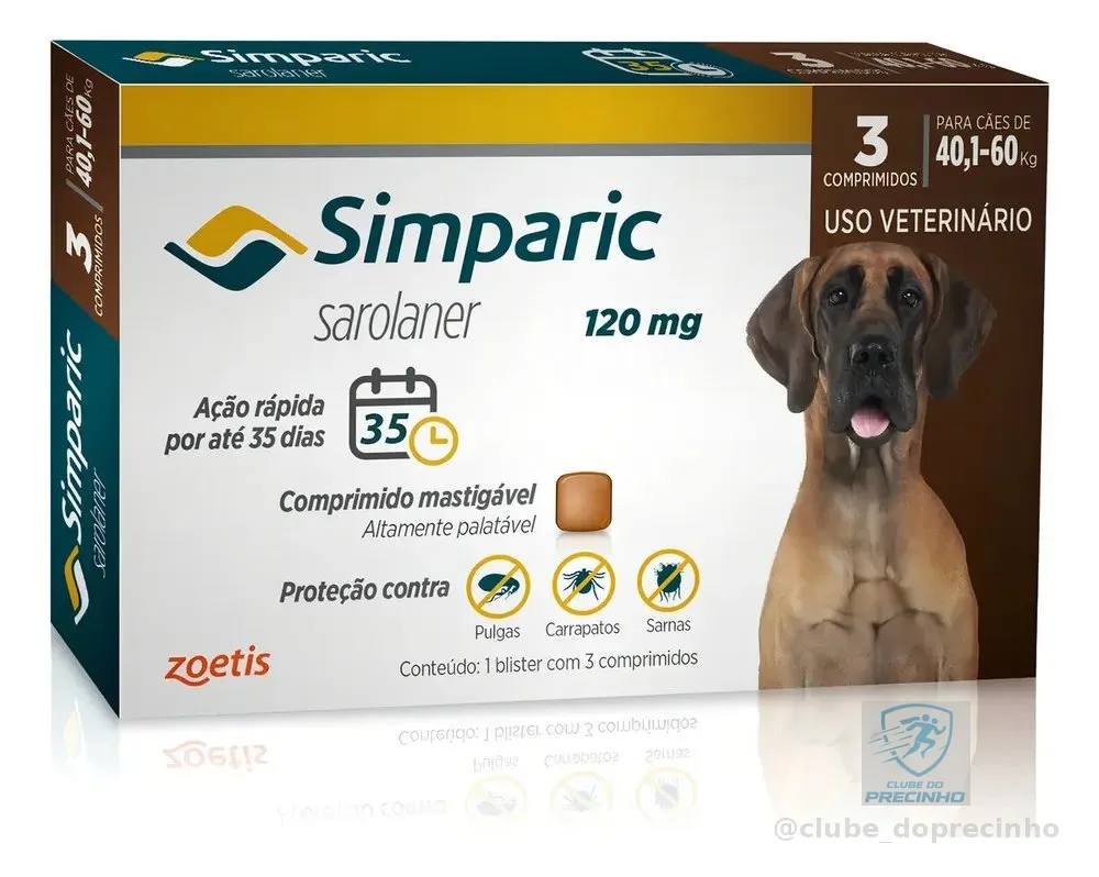 Antipulgas Simparic zoetis 40 a 60kg Cães 120mg 3 comprimidos