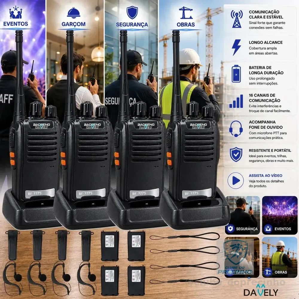 Kit 4 Rádios Comunicadores Walkie Talkie Profissional Eventos HT UHF Radinho walk talk - Com Fone Microfone e Acessórios Comunicação Segura Longo distancia Segurança Garçom Portátil Antena PTT Davely