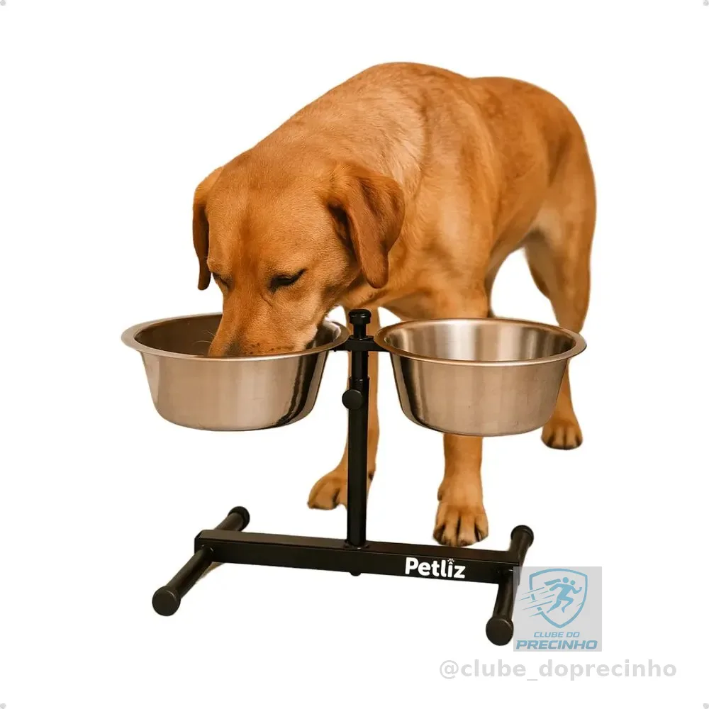 Comedouro Elevado Duplo Regulável Ajustável Cães Médio Preto