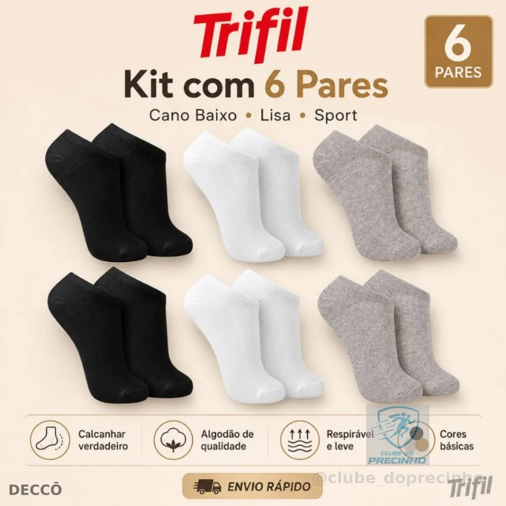 Kit 6 Pares Meia Trifil Cano Curto Esportiva Lisa Moderna Básica Algodão Calcanhar Verdadeiro