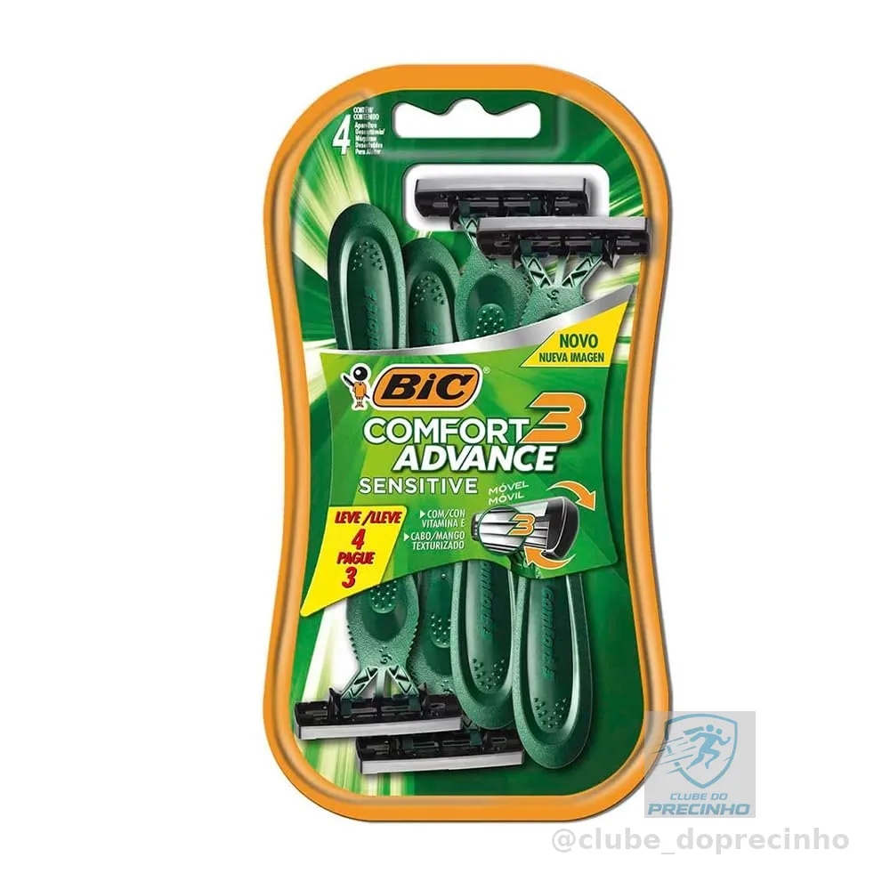 BIC Aparelho De Barbear Comfort 3 Advance Pele Sensível Verde C/ Fita Lubrificante 9298501 Embalagem Leve 4 Pague 3