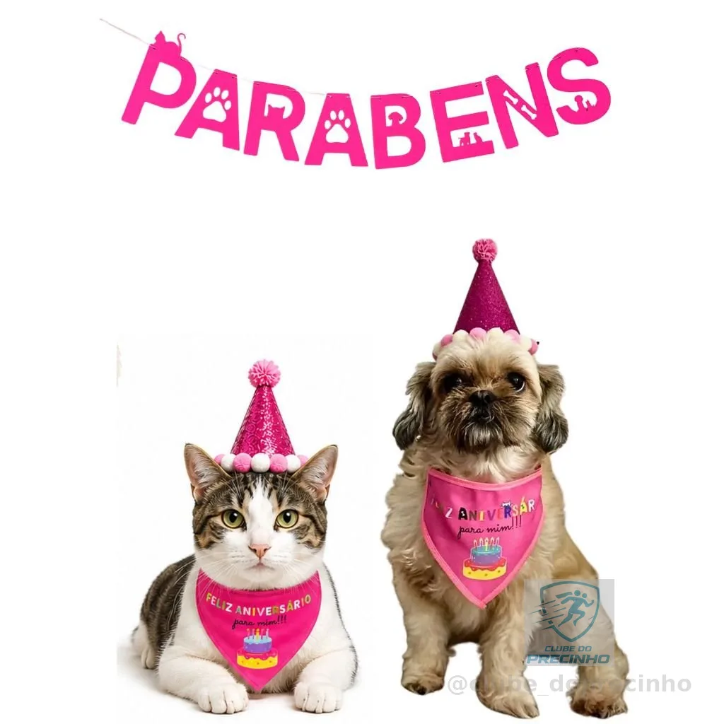 Kit Festa Aniversário Pet Cachorro Gato c/ Chapéu e Bandana + Faixa Parabéns para Fotos - 3 Tamanhos